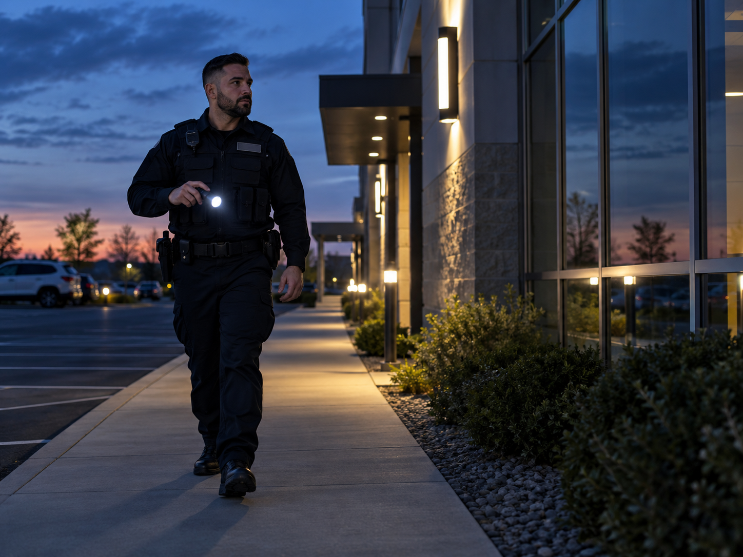 Uniformed Paladin Defense Group security officer conducting a property patrol